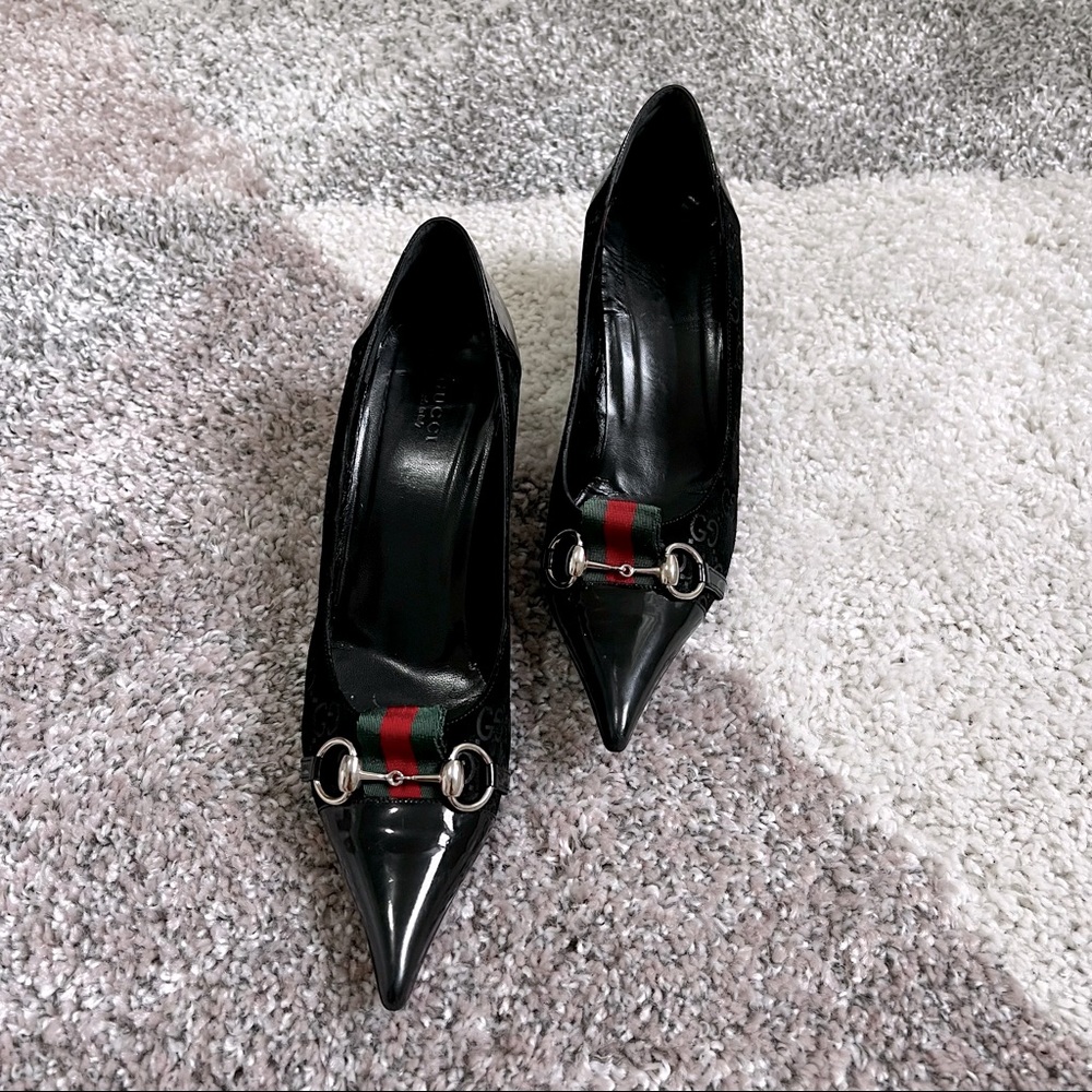 Gucci Black GG Canvas And Patent Leather Horsebit Pointed Toe Pumps Size 9.5